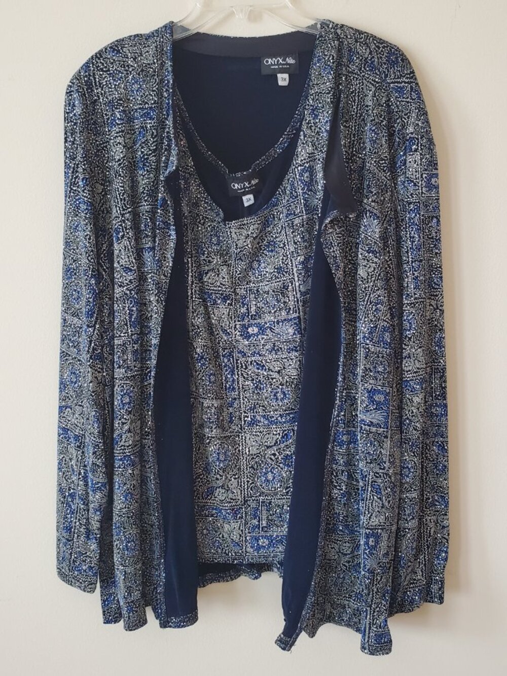 ONYX Nite Vintage Metallic Patterned Open-Front Cardigan with Tank Top SZ 3X
